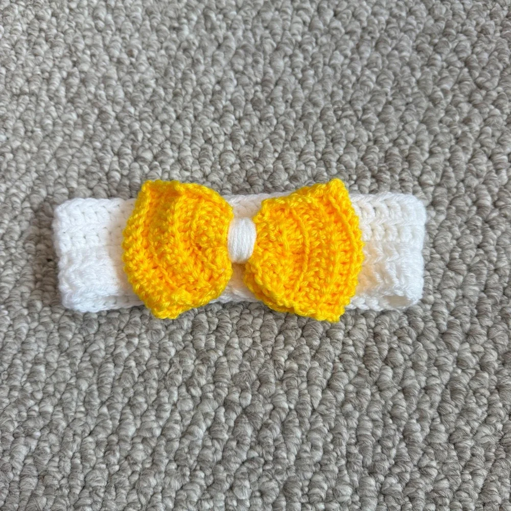Handmade Crochet Baby Headband White with Yellow‎ Bow OSFM Accessory